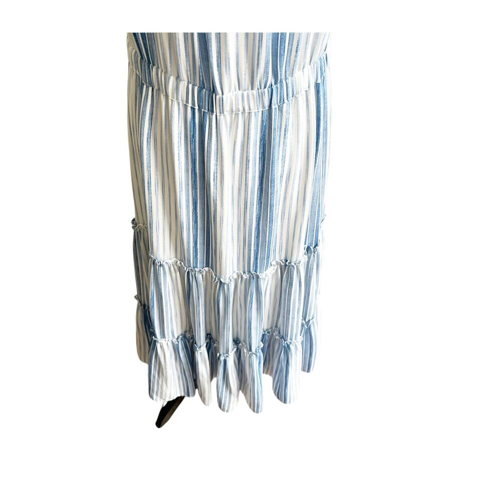MISA Los Angeles Medium Aleja Stripe Print Linen Midi Dress White Blue Tassel - Picture 5 of 9